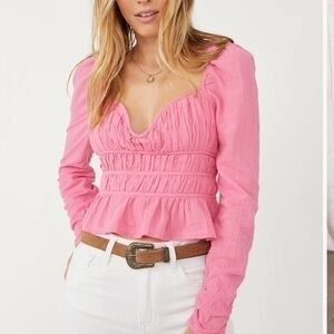 Free People Chloe Cropped Top Blouse Ruffle Puffed Sleeves Smocked Pink XS NWT